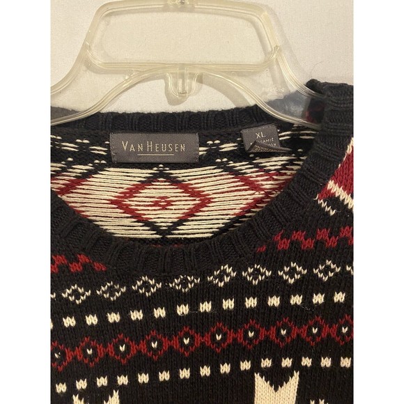 Mens Van Heusen Fair Isle Winter Christmas Sweater XL Black Red/White Crew Neck - Picture 4 of 11